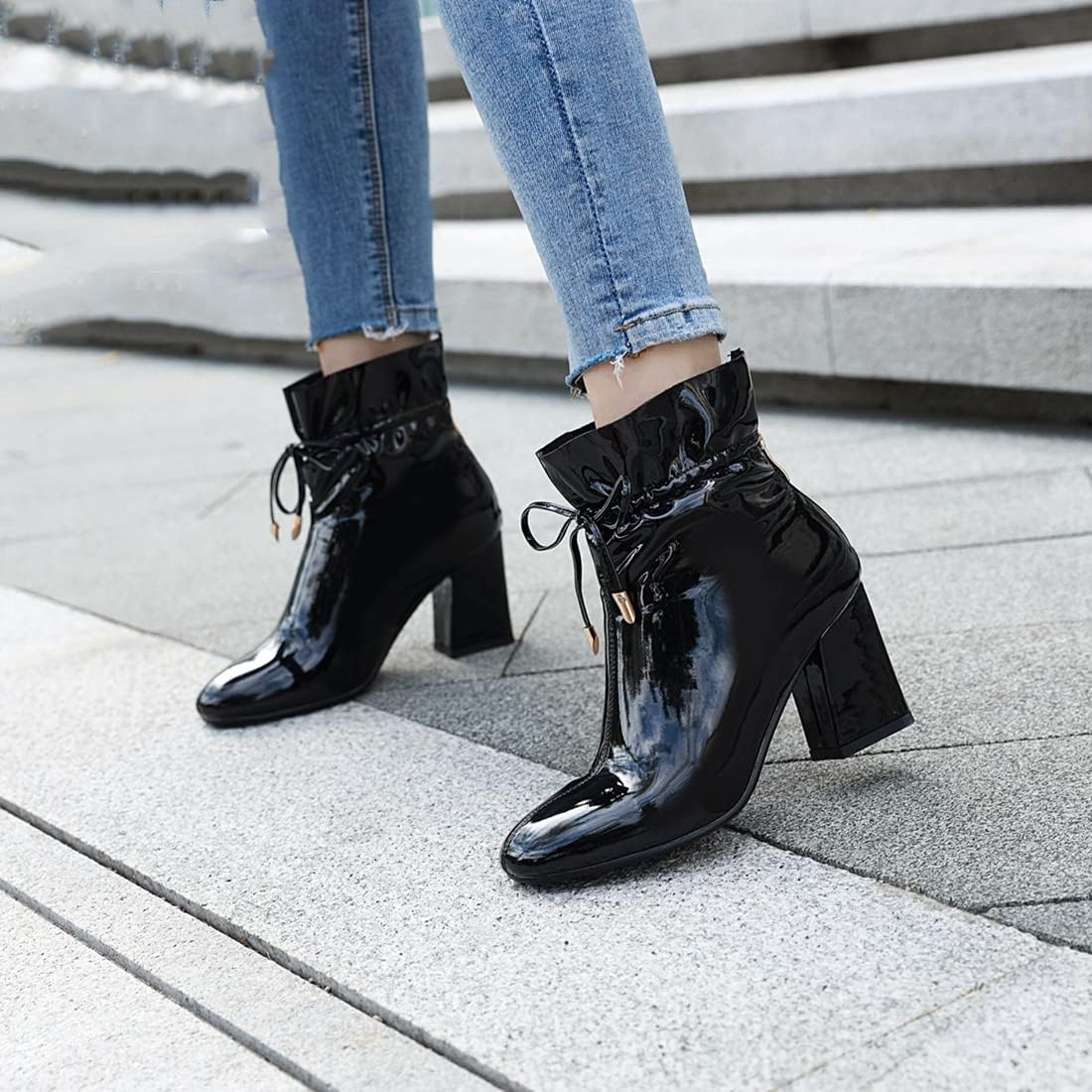 VOKLIN Women's Square Toe Dressy Ankle Boots Patent Leather Lace Up Zipper Chunky High Heel Short Booties