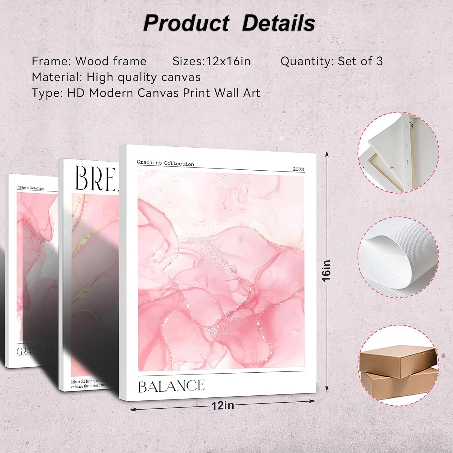 3 Pcs Framed Pink Abstract Motivational With Text Fashion Wall Art Decor Canvas Print Poster Balance Breathe Gratitude Wall Painting Poster for Bedroom Dresser Decor 12x16 Inches Ready To Hang