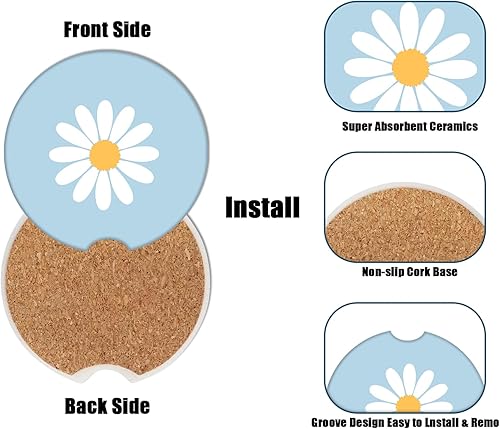 Miniatura 3 de Portavasos para automóvil, posavasos de cerámica absorbente con margaritas blancas, portavasos para bebidas, accesorios para automóviles para