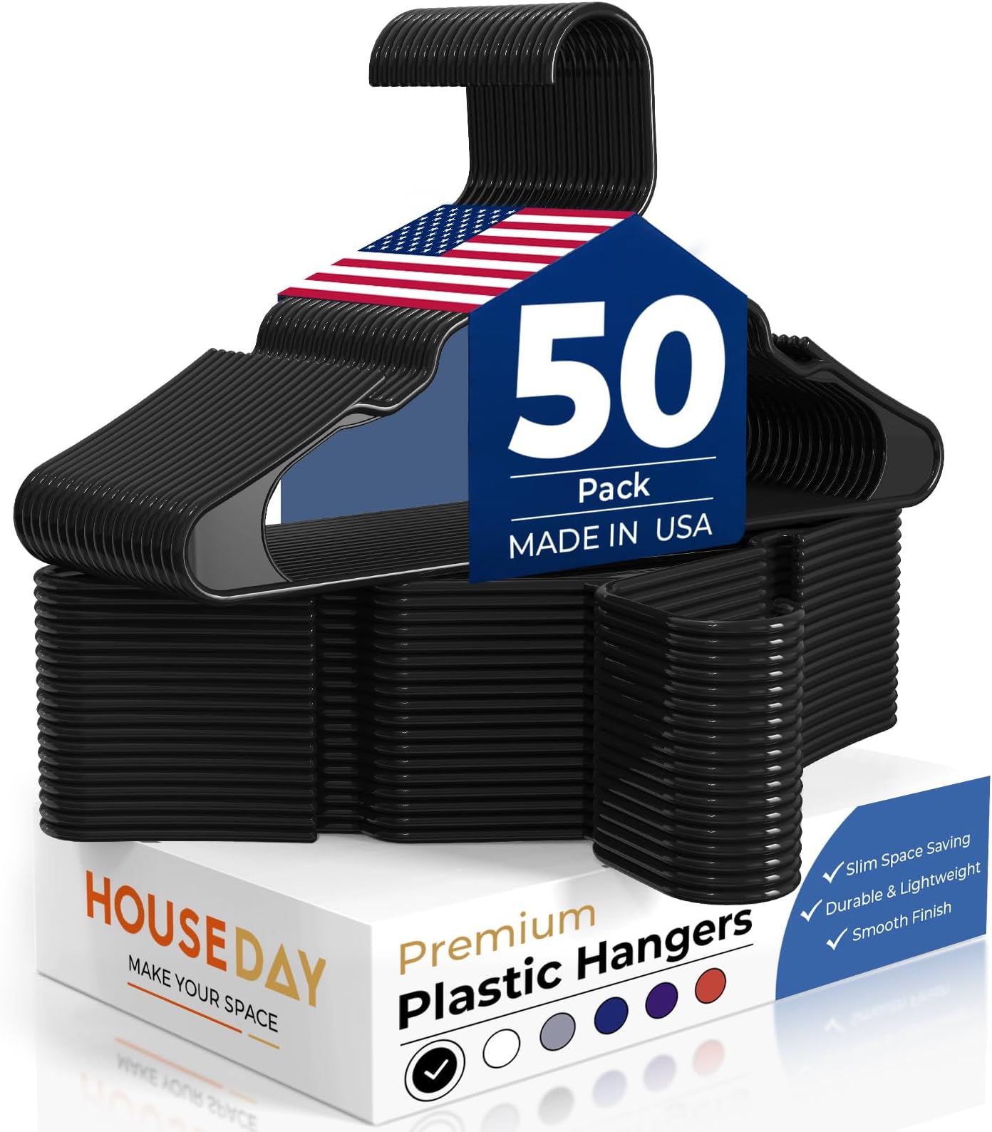 HOUSE DAY Black Plastic Hangers 50 Pack โ Slim Space Saving Clothes Hangers