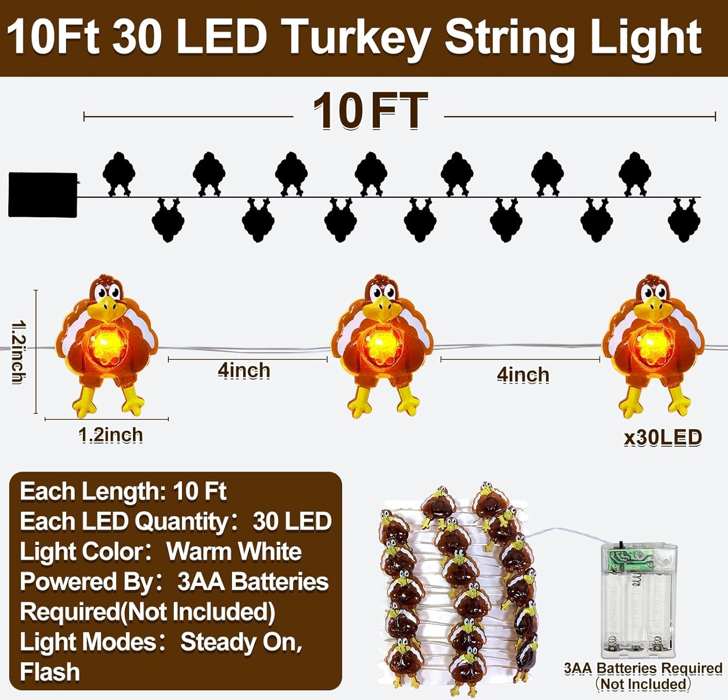 TURNMEON 10 Ft 30 LED Thanksgiving Turkey Lights Decorations Battery Operated Copper Wire Fairy String Lights Thanksgiving Lights Decoration Home Indoor Outdoor Party Autumn Harvest Decor