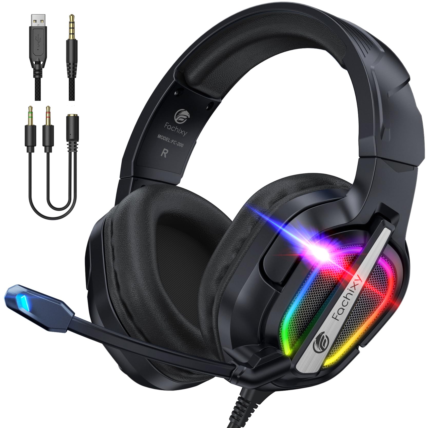 Fachixy FC-200 Cascos Gaming para PS4, PS5, PC, Xbox, Nintendo Switch, Auriculares Gaming para PS5 con micrófono ENC, para Juegos de 3,5 mm con luz RGB (RGB Negro)