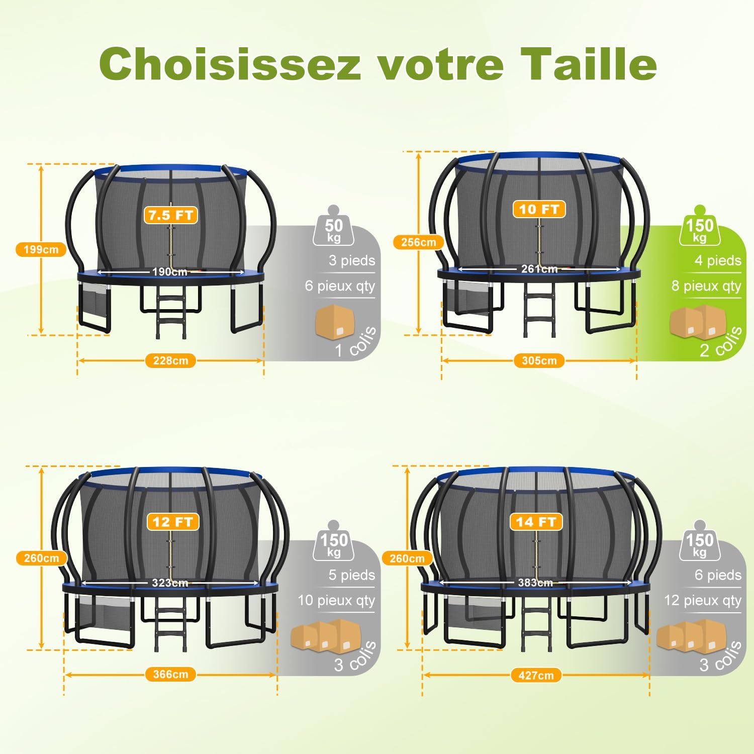 Different sizes of Devoko trampolines available.