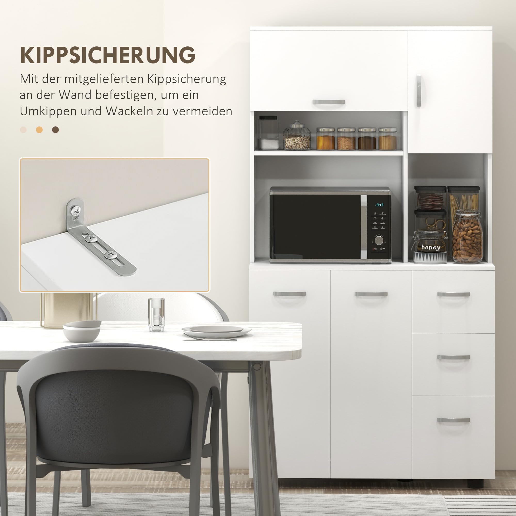 HOMCOM Küchenschrank Hochschrank mit 3 Offenen Fächern, 4 Türen und 3 Schubladen Buffetschrank Vitrinenschrank Mikrowellenschrank mit Verstellbaren Ablagen, Weiß, 89 x 39,5 x 168 cm