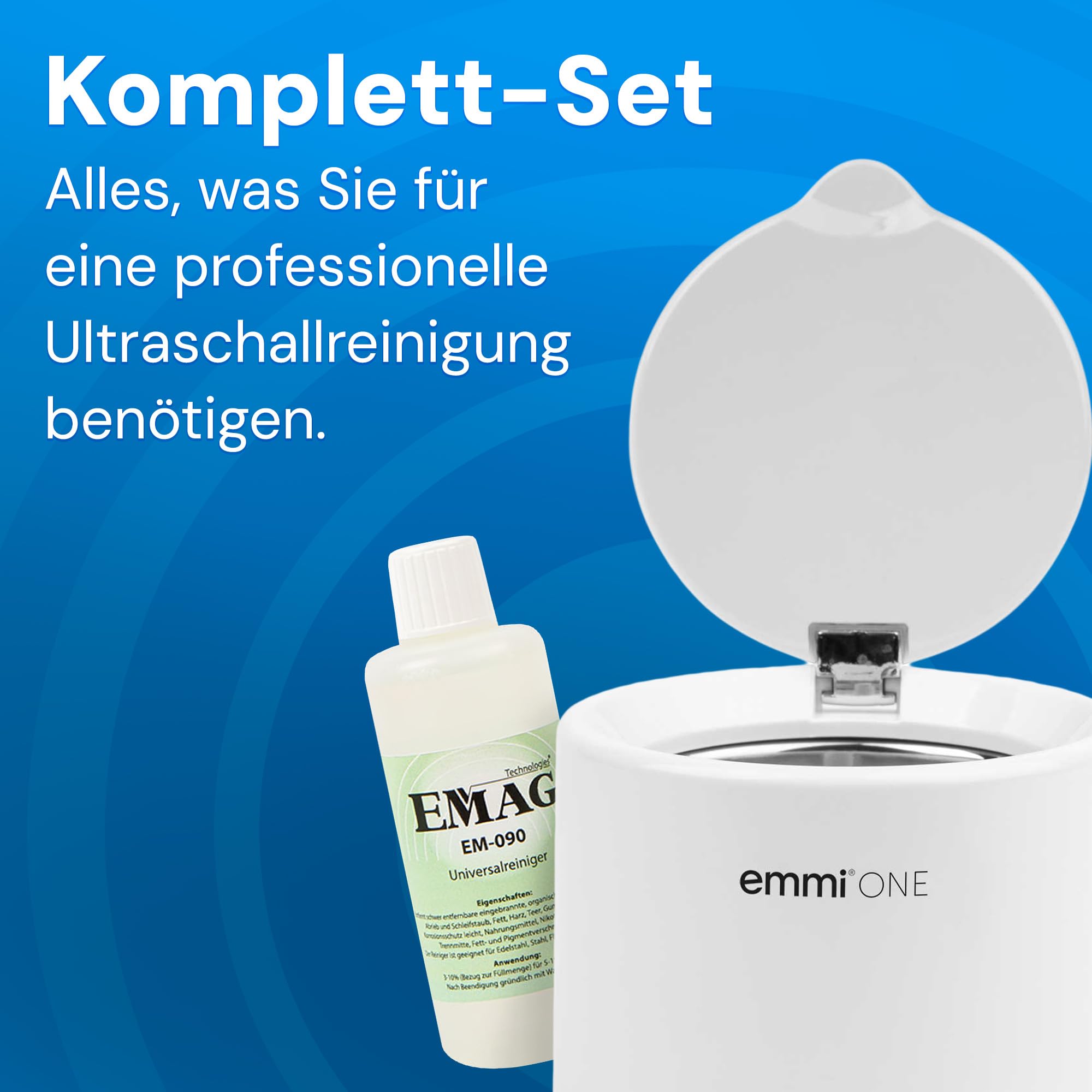 EMAG Emmi-One Ultraschallreiniger 0,2L – Mini Ultraschallbad für Zahnprothesen, Schmuck, Brillen, Uhren, Hörgeräte – 48kHz – inkl. EM-090 Reinigungskonzentrat – Kompakt & leise – 5 Min Timer