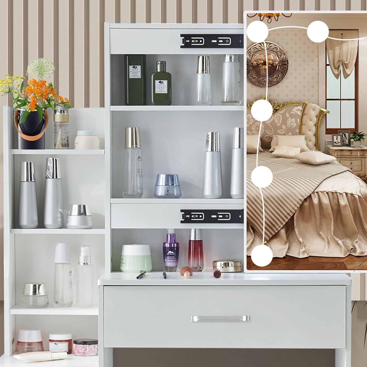 Makeup Vanity Desk with Sliding Mirror and Lights, Small White Vanity Desk with 3-Color Light Adjustable Brightness, 4 Drawers & Open Shelves, Vanity Desk for Bedroom, Girls & Women
