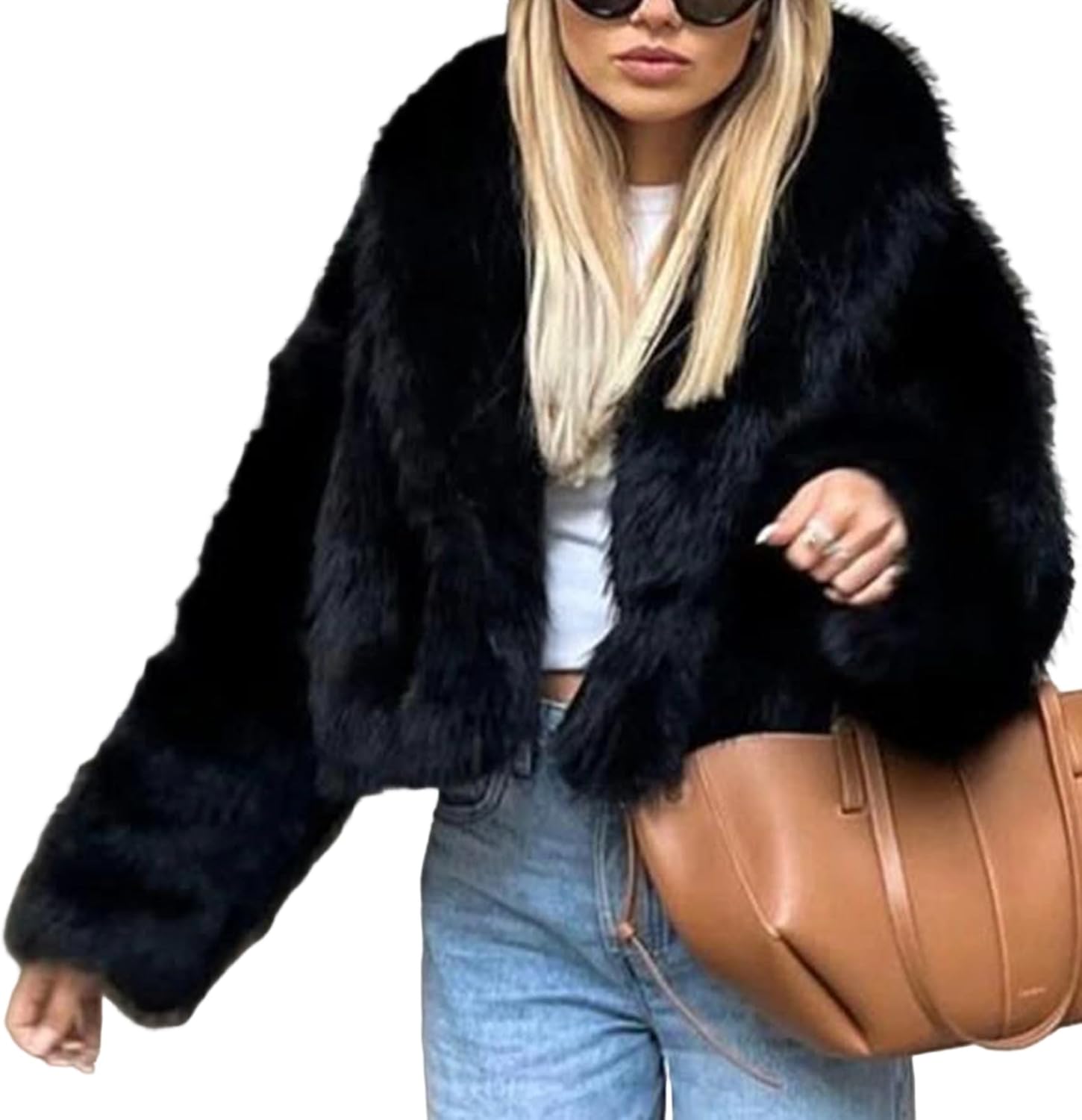 Tcremisa Womens Faux Fur Coat Fluffy Fur Cropped Jacket Winter Long Sleeve Collared Jackets Warm Shaggy Parka Outerwear