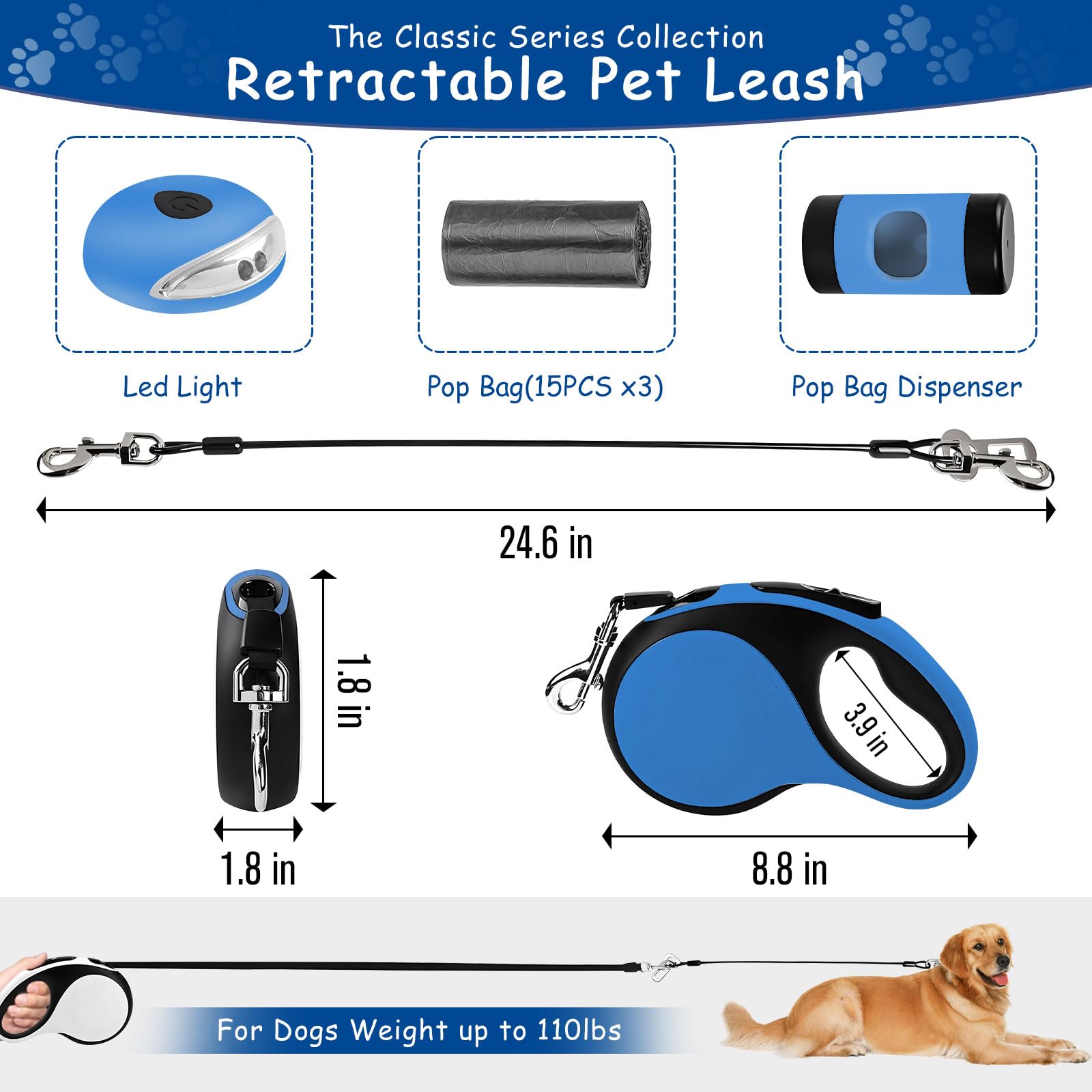 VTOPVMAX 8m Retractable Dog Lead for Medium/Large Dogs up to 50kg, Strong Heavy Duty Extendable Dog Lead with Chew-Proof Cable, 360 Tangle Free, One Hand Brake Lock & Poo Bag Holder (Blue)
