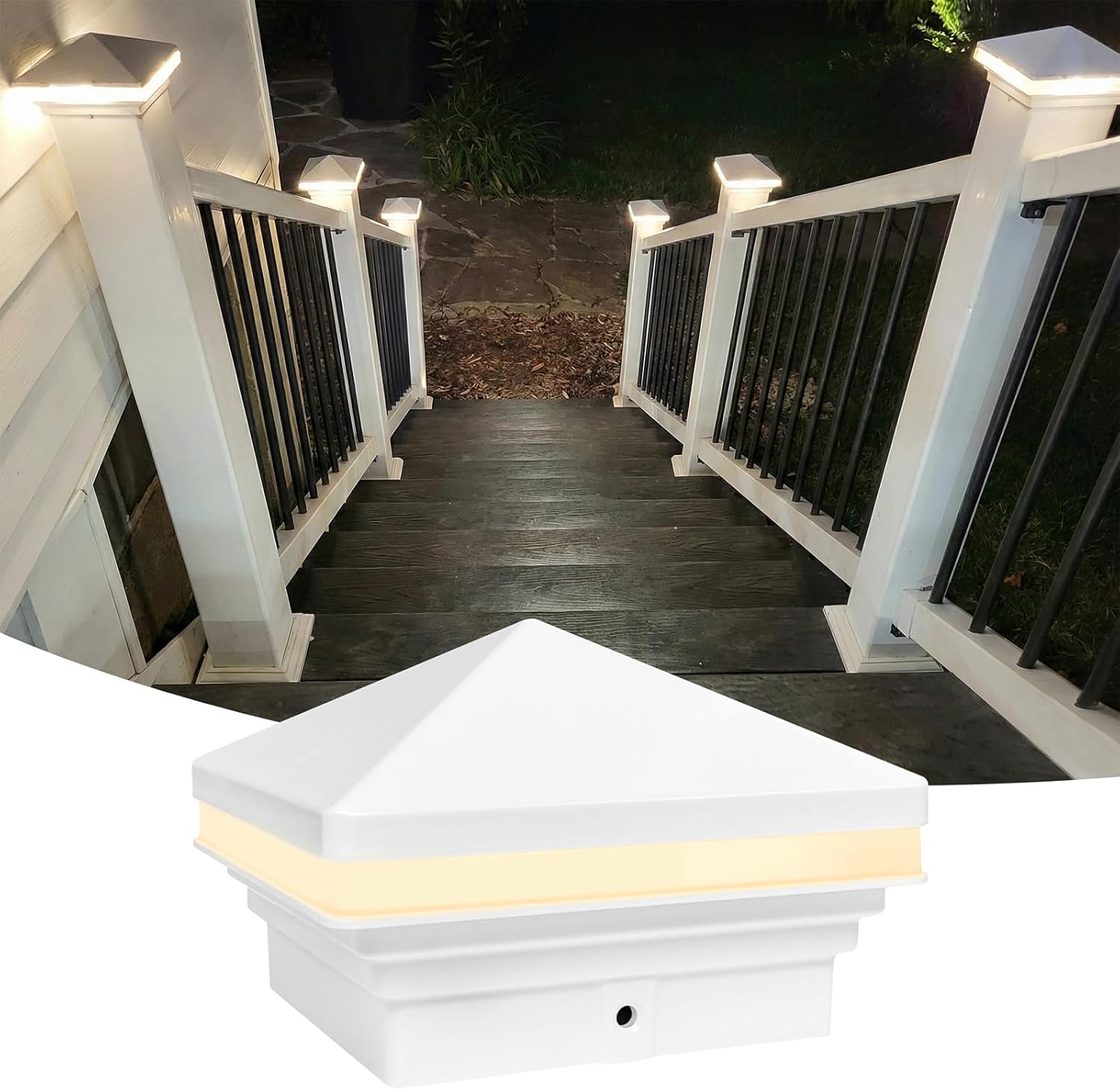 GKOLED Low Voltage Pyramid Post Cap Light, 3W 12V AC/DC, for 4"x4" and 3.5"x3.5" Wood or Vinyl Posts, 2700K Warm White, IP65 Rated Waterproof for Outdoor, White