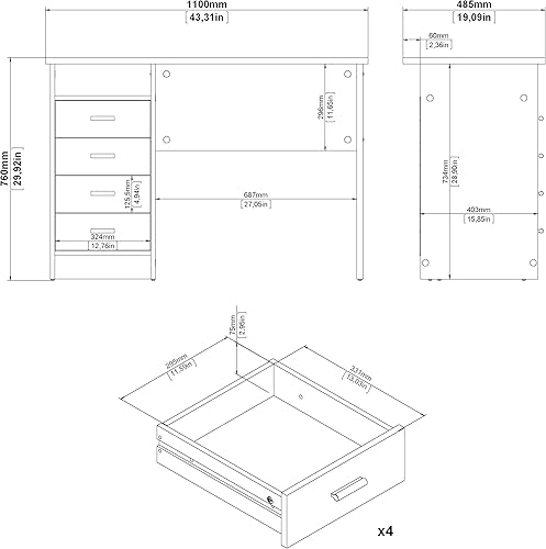Miniatura 8 de Tvilum Escritorio de 4 cajones, moderno escritorio de oficina blanco con almacenamiento, escritorio compacto y funcional para el hogar u oficina