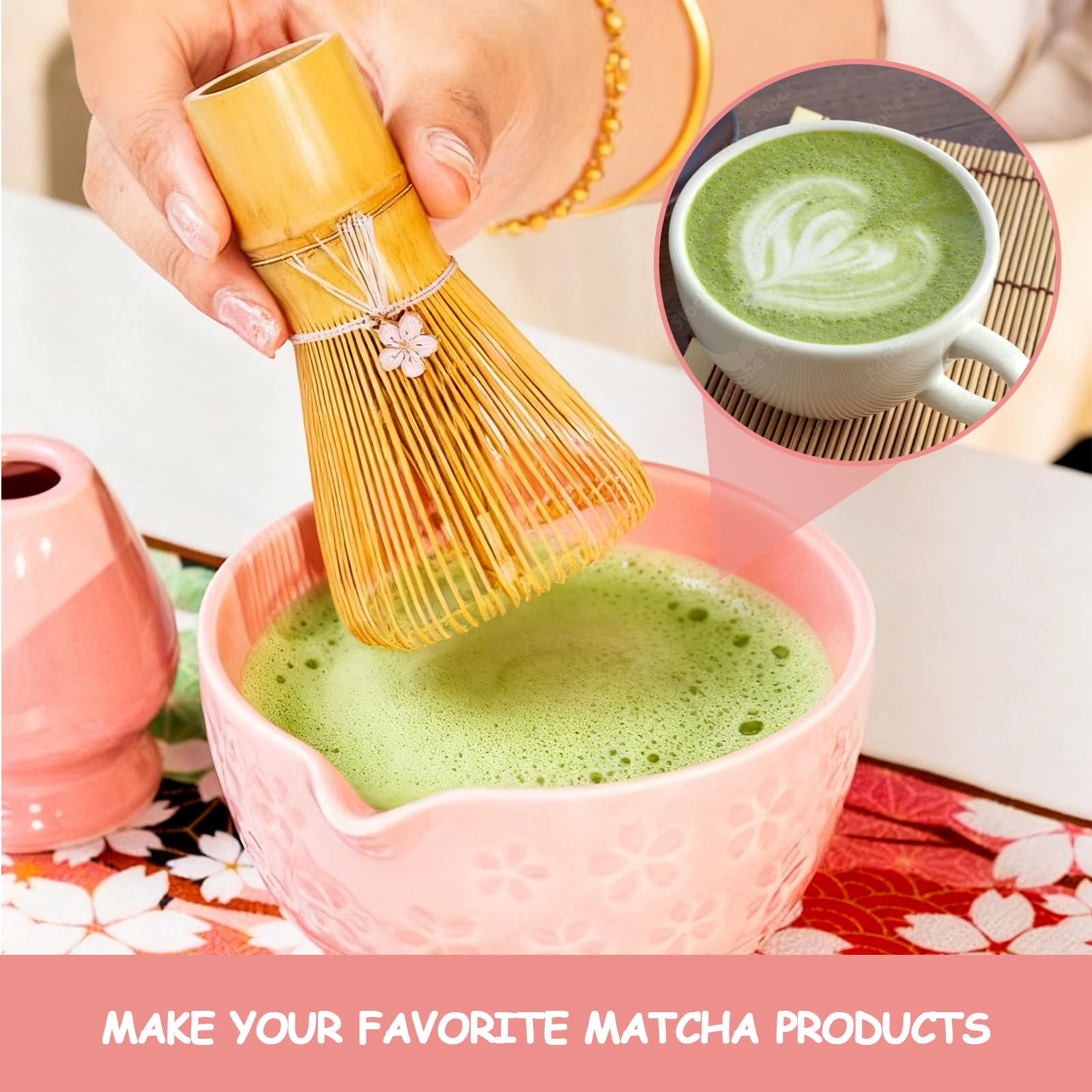 Zestaw Matcha 7-częściowy, różowy, zestaw do herbaty Matcha z trzepaczką Matcha, ceramiczną miseczką Matcha i uchwytem na trzepaczkę oraz sitem