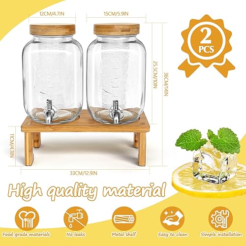 Miniatura 3 de Dispensador de bebidas de 1 galón con soporte, paquete de 2 dispensadores de bebidas de vidrio con soporte de madera, espita de acero inoxidable y