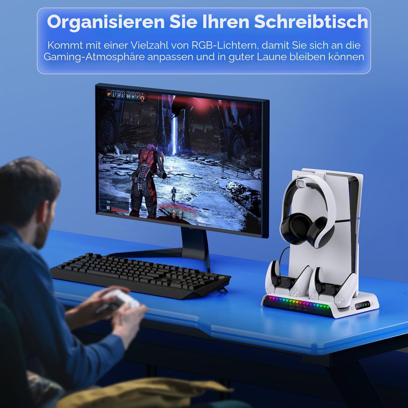 FYOUNG Vertikaler Standfuß für PS5 Slim Konsole mit Lüfter &Controller Ladestation, Multifunktionale Kühlung Ständer für PlayStation 5 Slim Zubehör mit 9RGB Licht (Nur für PS5 Slim)