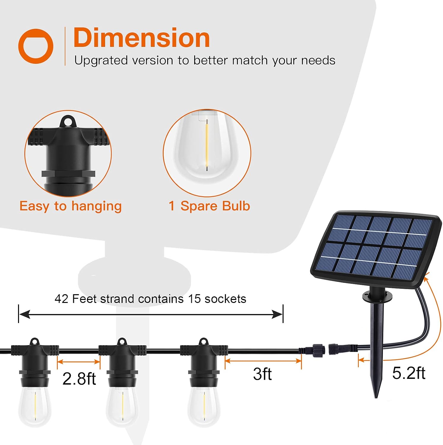 addlon 48FT Solar String Lights Outdoor, LED Solar Patio Lights, Porch Market Lights, Waterproof and Shatterproof, with Vintage Plastic Edison Bulbs, Create Cafe Feeling On Your Garden, Warm Yellow