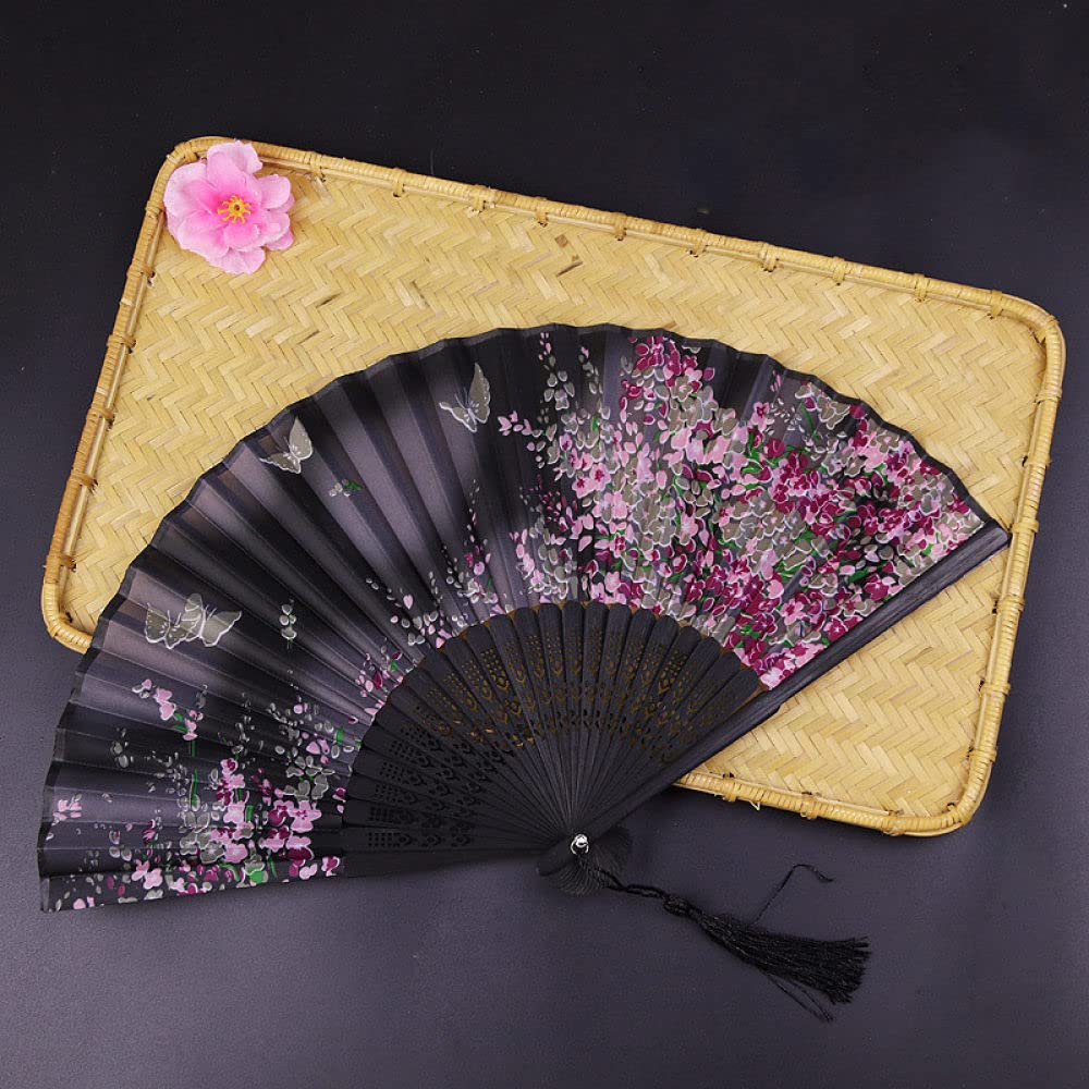 NZPOST Hand Fans For Women Foldable, 2Pc Bamboo Fans Petal Butterfly Chinese Fans With Black Tassel Hand Held Fans Oriental Cloth Fabric Silk Folding Fans