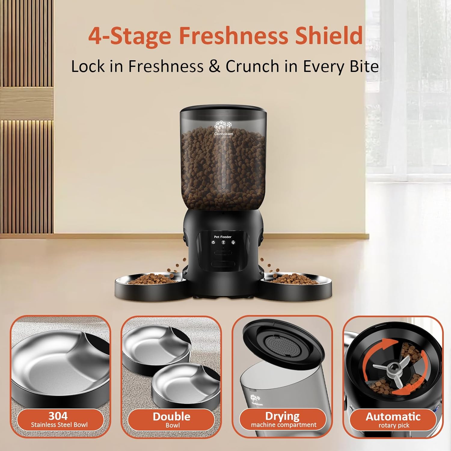 Automatic Cat Feeder with Camera for 2 Cats, 2K HD Video with Night Vision, 5G/2.4G WiFi with 2-Way Audio, Timed Automatic Cat Feeders for Cat & Dog, Dual Power, Black