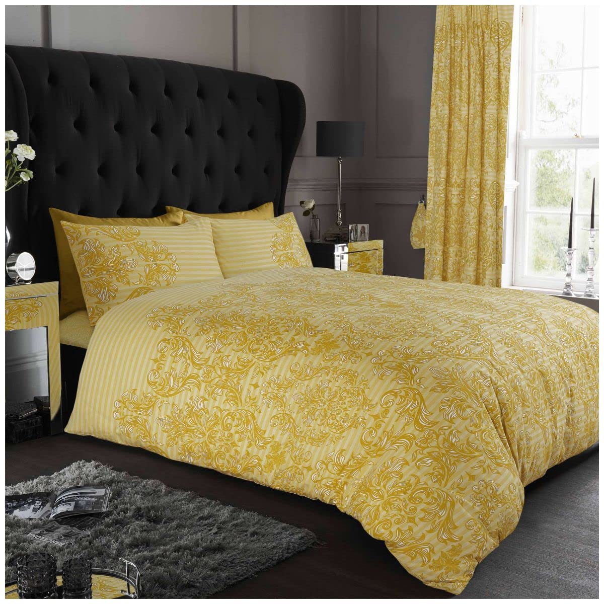 GC GAVENO CAVAILIA Luxury Floral Damask Double Bed Duvet Cover Set, Reversible Quilt Bed Sets, Ochre
