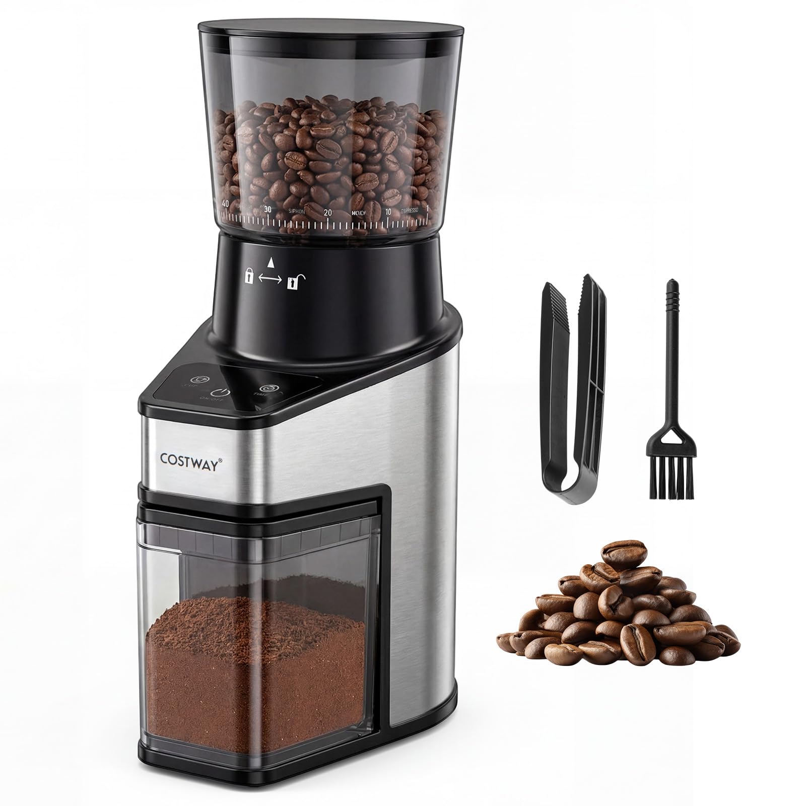 COSTWAY Molinillo Café Eléctrico, 60 Ajustes de Molido, Acero Inoxidable | Molino Café Cónico, Temporizador 1-60s, Selección 1-8 Tazas y Cepillo, Coffee Grinder Antiestático