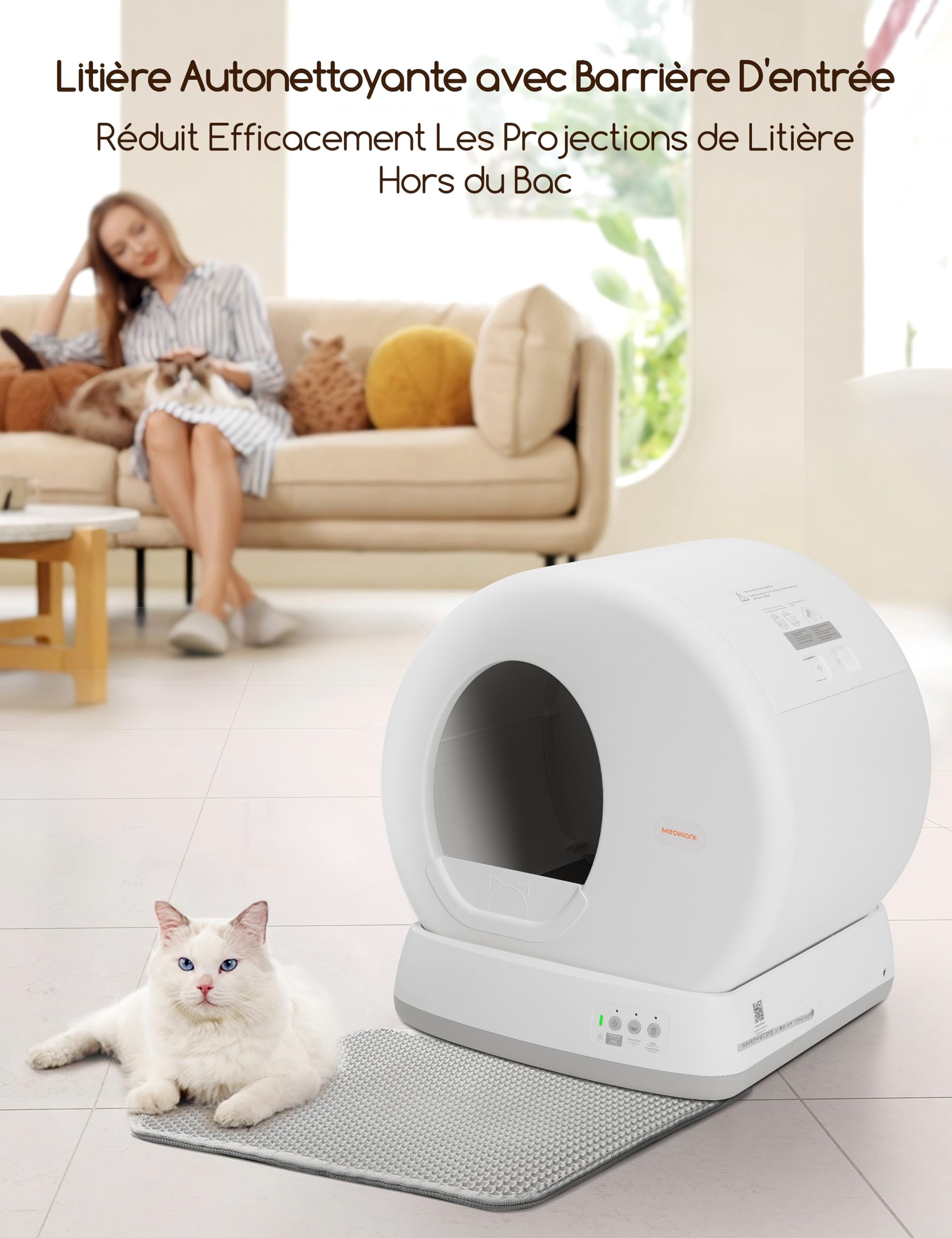 MeoWant Litiere Chat Autonettoyante, Litiere Automatique Chat Entièrement Fermé pour Plusieurs Chats, Ultra Sûr/Contrôlé par APP/Désodorisant, avec Tapis & Sac Poubelle & Déodorant