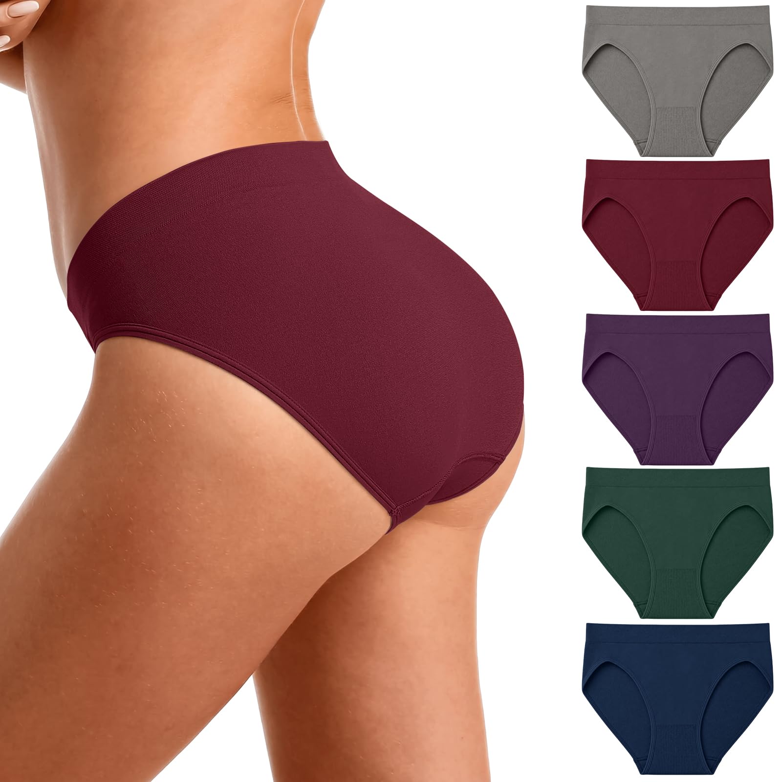 Women's Hi Cut Mid Rise Underwear Briefs, Nylon Spandex 5-Pack | 92% nylon 8% spandex, full coverage, soft stretch, smooth leg openings, tagless feel, work lounge travel