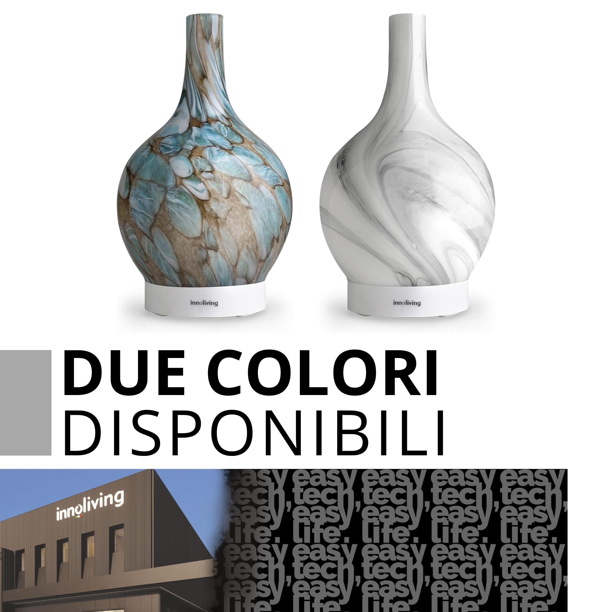 Innoliving INN-773G Diffusore d'Aroma ad Ultrasuoni in Vetro, Capacità 150ml, Copertura in Vetro Effetto Marmo Resistente, Timer 3 Ore, Modalità Luce, Alimentazione USB