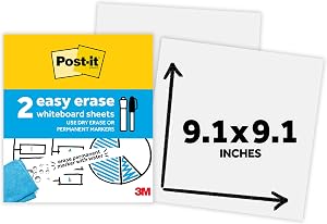 Post-it Easy Erase Whiteboard Sheets, 2 Pack, 9.1 x 9.1 in, Instant Whiteboard, Use Dry Erase and Permanent Markers (EE-SH-2PK-RET)