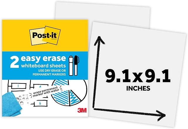 Post-it Feuilles de tableau blanc faciles à effacer 2 Faites votre valise, 9.1 x 9.1 dans, tableau blanc instantané, utiliser des marqueurs d'effacement sec et permanents (EE-SH-2PK-RET)