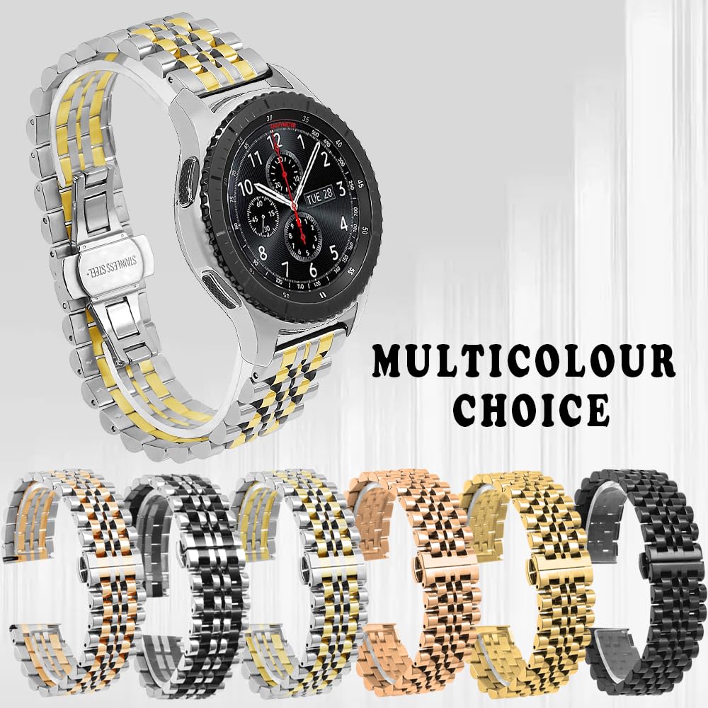 Bracelet de montre en métal brossé poli 20 mm compatible avec Samsung Galaxy Watch 6/5/4/3 en acier inoxydable avec boucle papillon pour homme - Doré/argenté