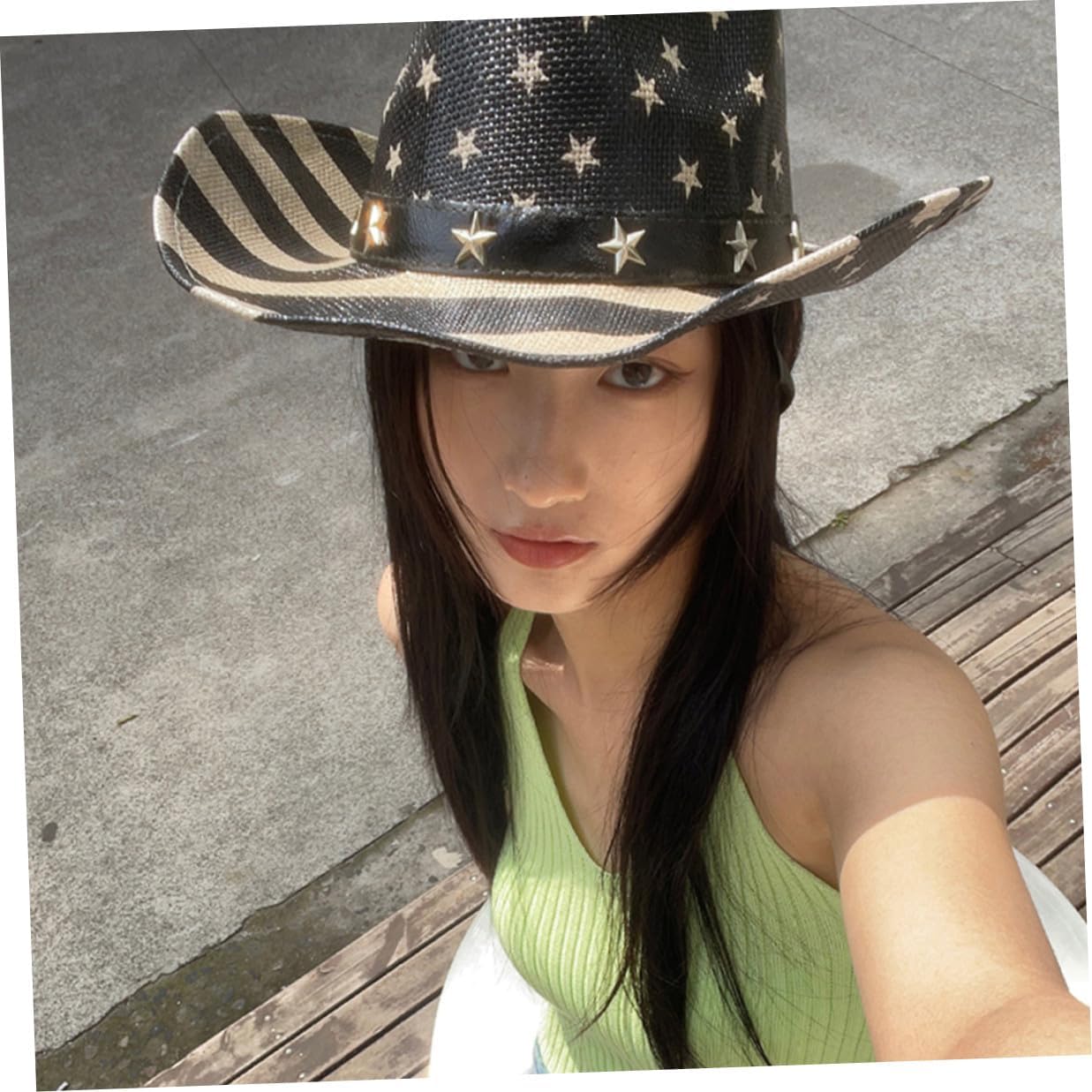 American Flag Cowboy Hat Straw Western Hat Unisex Patriotic for 4th of July Outdoor Party Black