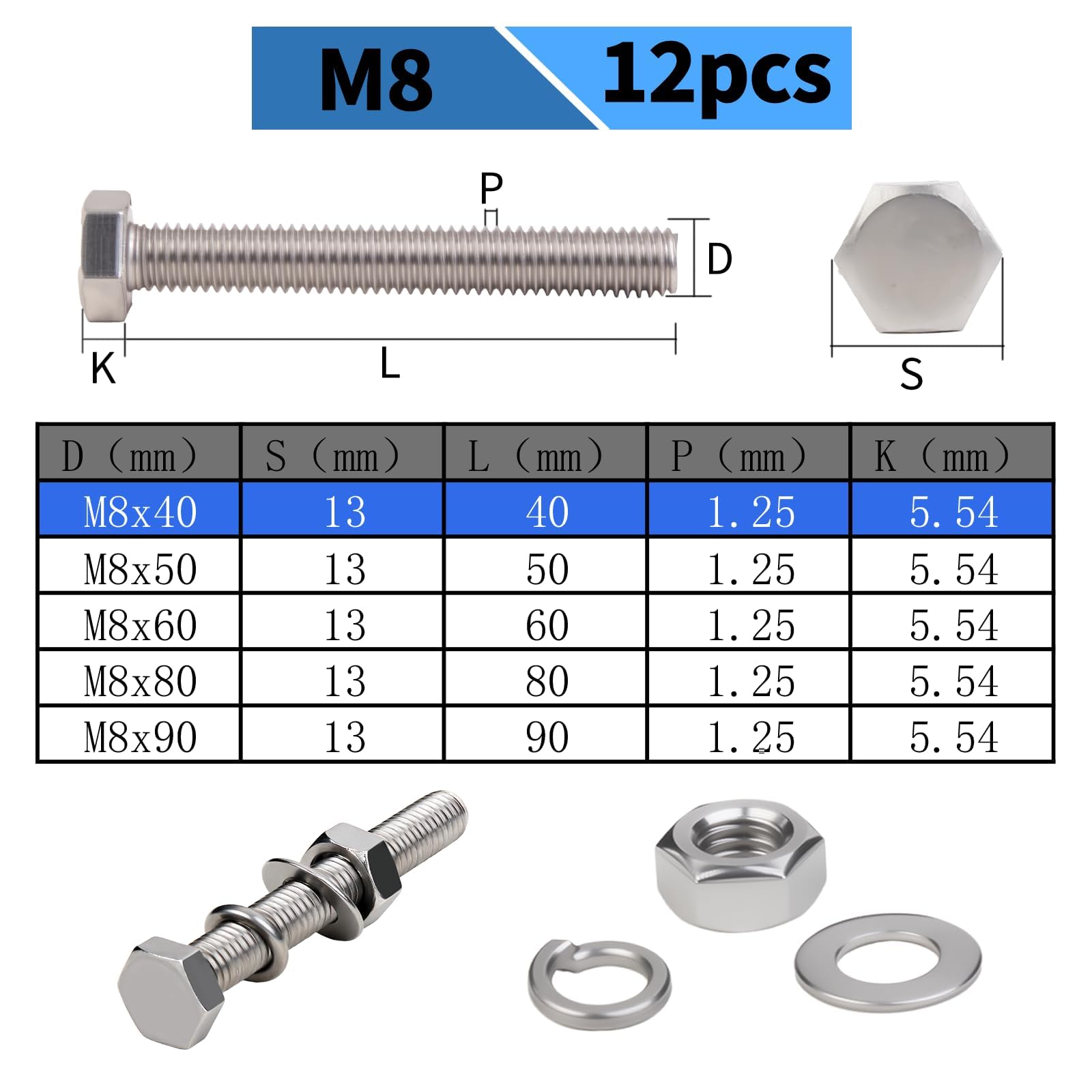 ddckj 12 Sets of M8x40 Bolts with Nuts and Washers 304 Stainless Steel Nut and Bolt Combination Kit, Silver - Image 2