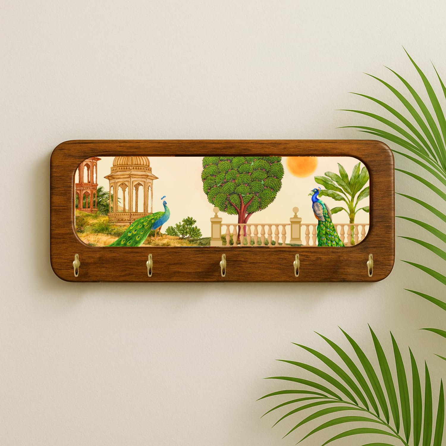 Wooden Key Holder for Wall | 5 Hook Decorative Key Hanger for Home Entrance | Wall Mounted Wooden Key Organizer for Living Room, Entryway & Office (Peacock Garden Keyholder)-image-18