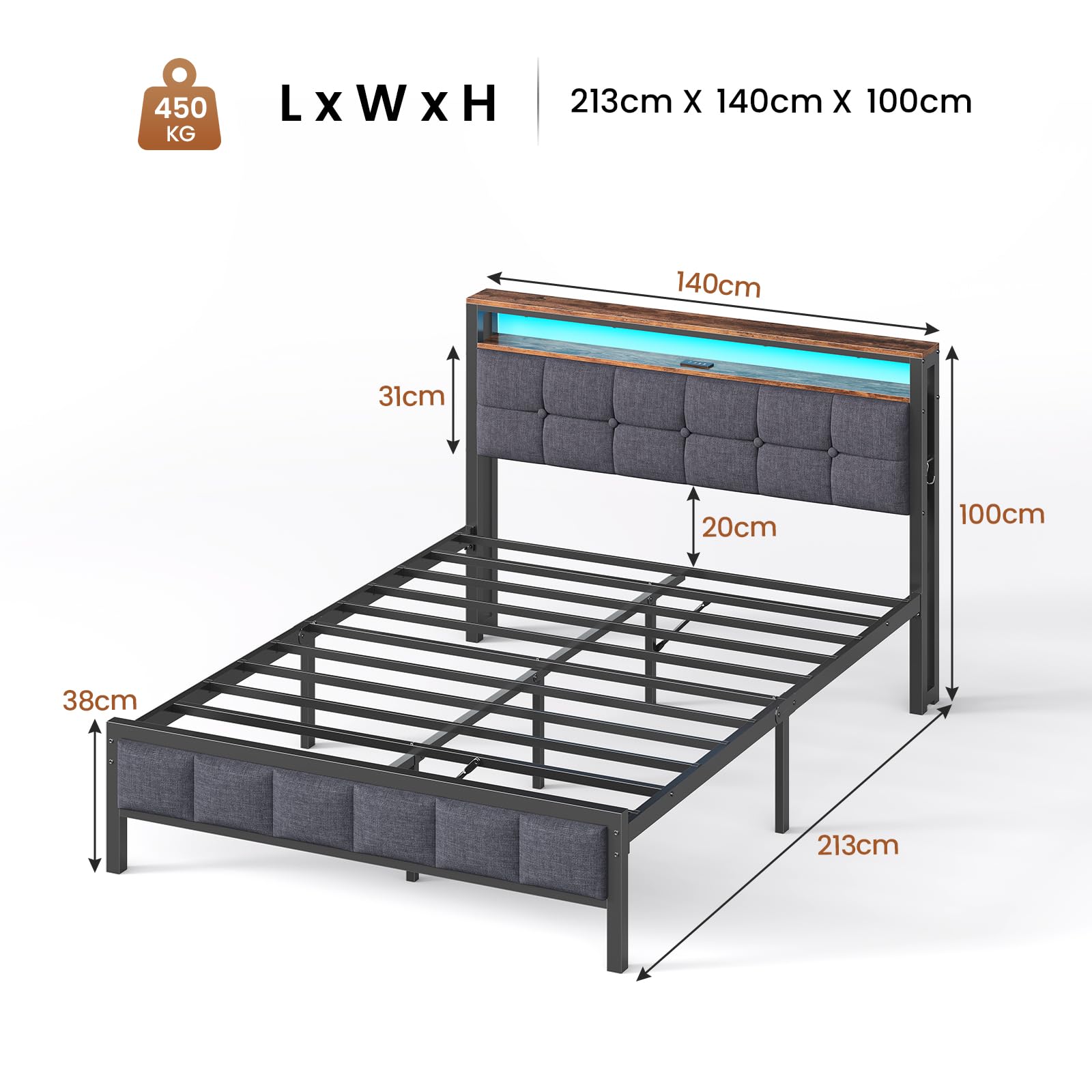 AOGLLATI Polsterbett 140x200 mit Ladestation Bett 140X200 mit LED-Beleuchtung,Bettgestell mit Lattenrost Metallbett Jugendbett mit Kopfteil aus Leinenstoff (140×200cm)