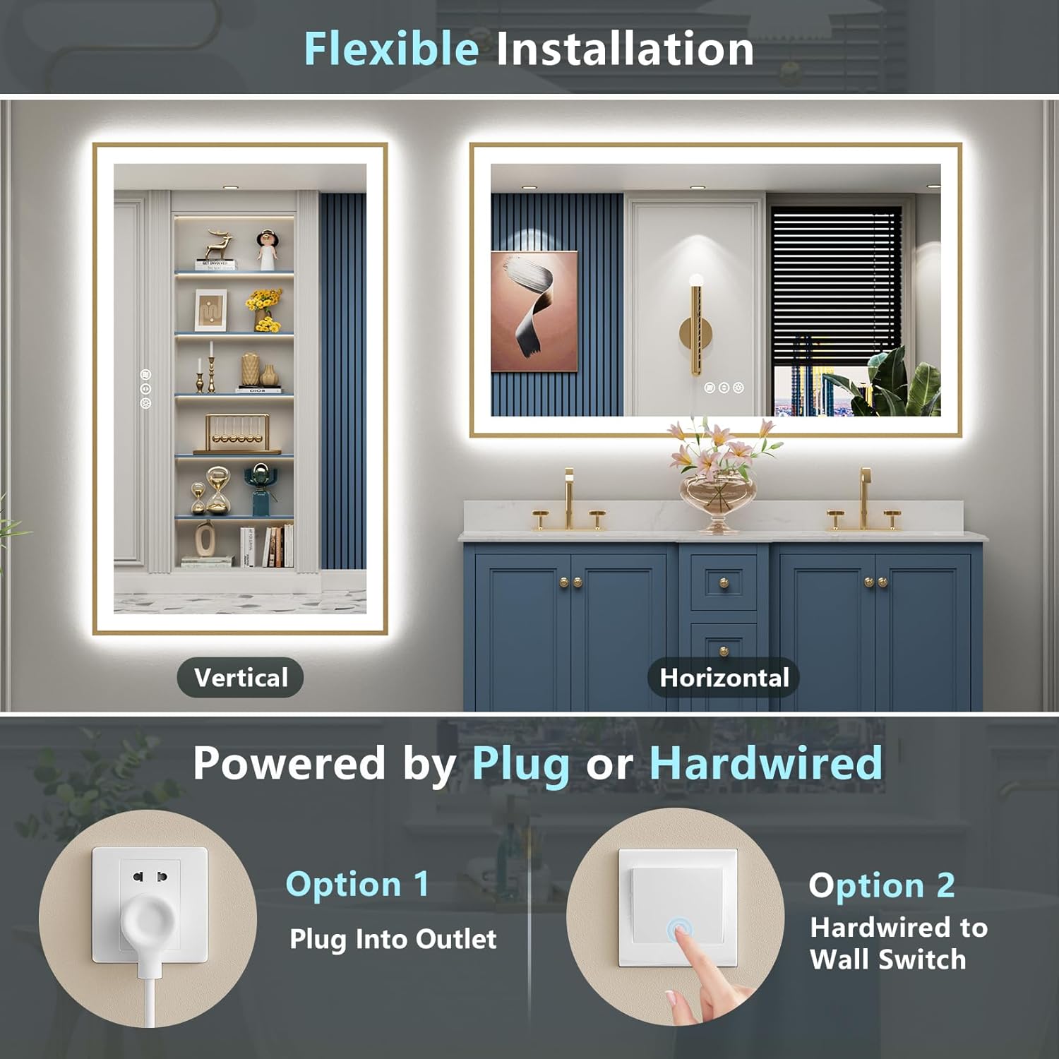 60x36 Gold LED Bathroom Mirror with Lights, Brushed Gold Framed Backlit and Front Lit Anti-Fog Lighted Vanity Mirrors for Bathroom Wall, Dimmable, 3 Colors, Memory, HD Tempered Glass, CRI＞90