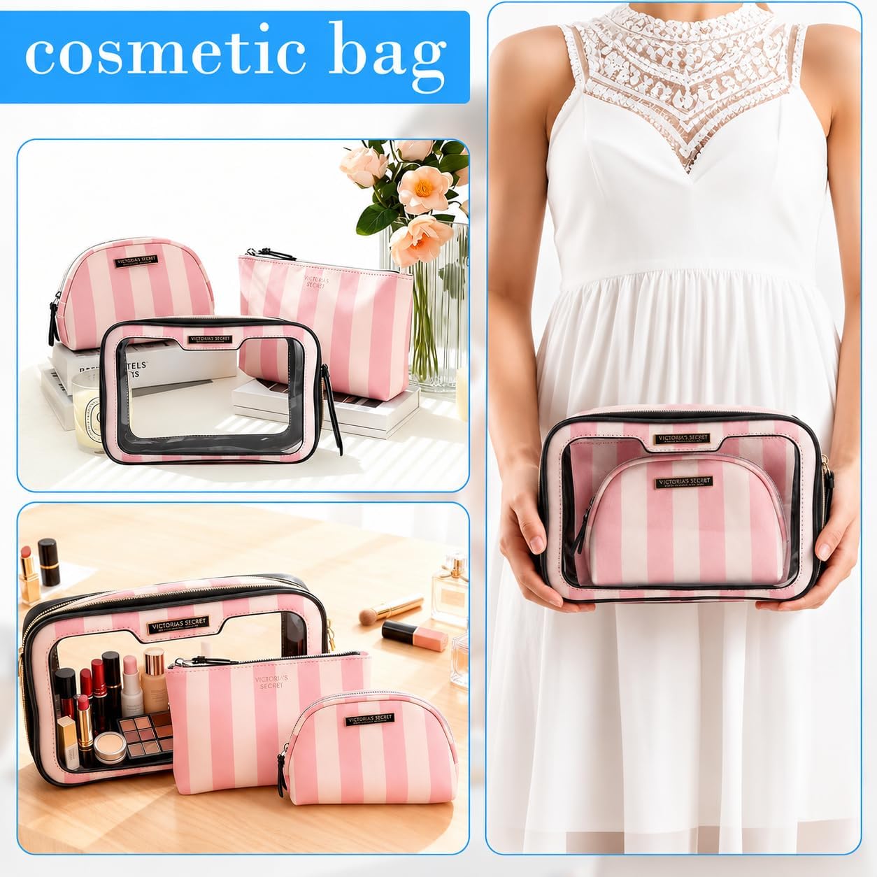 3-Piece Waterproof Makeup Bag Set, PU Cosmetic Organizer with Clear Toiletry Bag & Mini Pouch, Striped Design Travel Toiletry Kit for Women, Daily Use & Travel