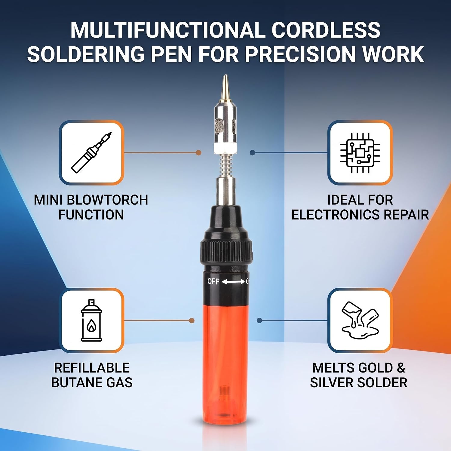 MT-100 Cordless Gas Powered Soldering Iron Portable Refillable Pen Torch for DIY Electronics PCB Repair and Computer Soldering Tool with Multi-Function Gas Blow Flame