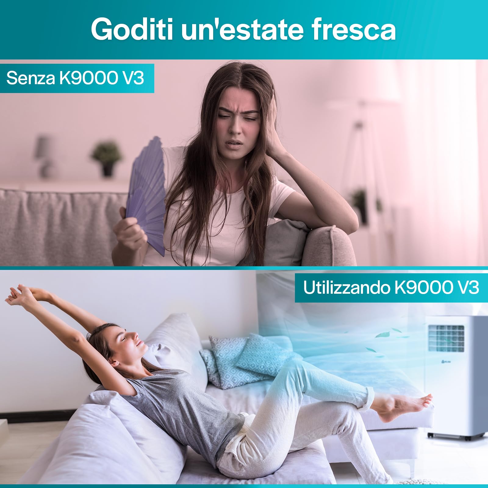 K9000 Condizionatore Portatile con Tubo, Classe Energetica A, Telecomando | Climatizzatore 9000 Btu, 3-In-1 Deumidificatore Integrato, Ventilatore e Modalità Raffreddamento, Facile da Usare - Bianco