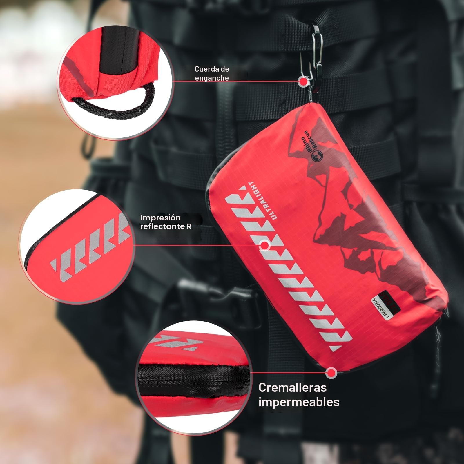 Rhino Rescue Botiquín mediano de primeros auxilios, kit médico portátil impermeable para senderismo, mochilero, ciclismo, coche, viaje, 17,5 x 10 x 3 cm