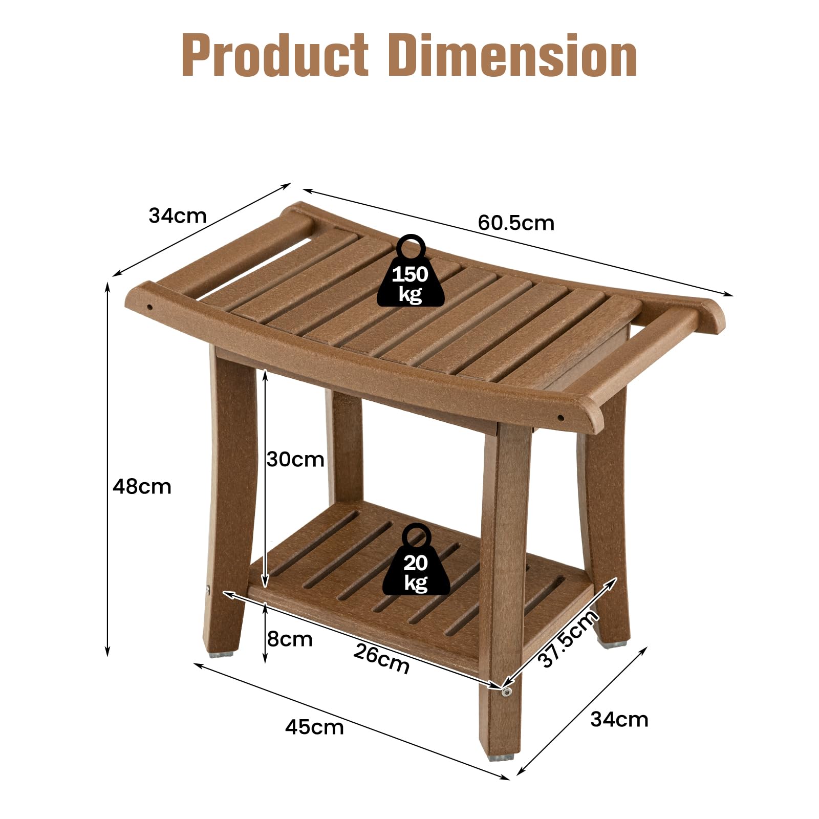 HOMASIS Sgabello da Bagno in HDPE, Panca da Doccia con Piedini Antiscivolo, Sedia Doccia Multiuso e Impermeabile con Portaoggetti per Rasatura, Portata 150kg (Marrone, 60,5 x 34 x 48 cm)