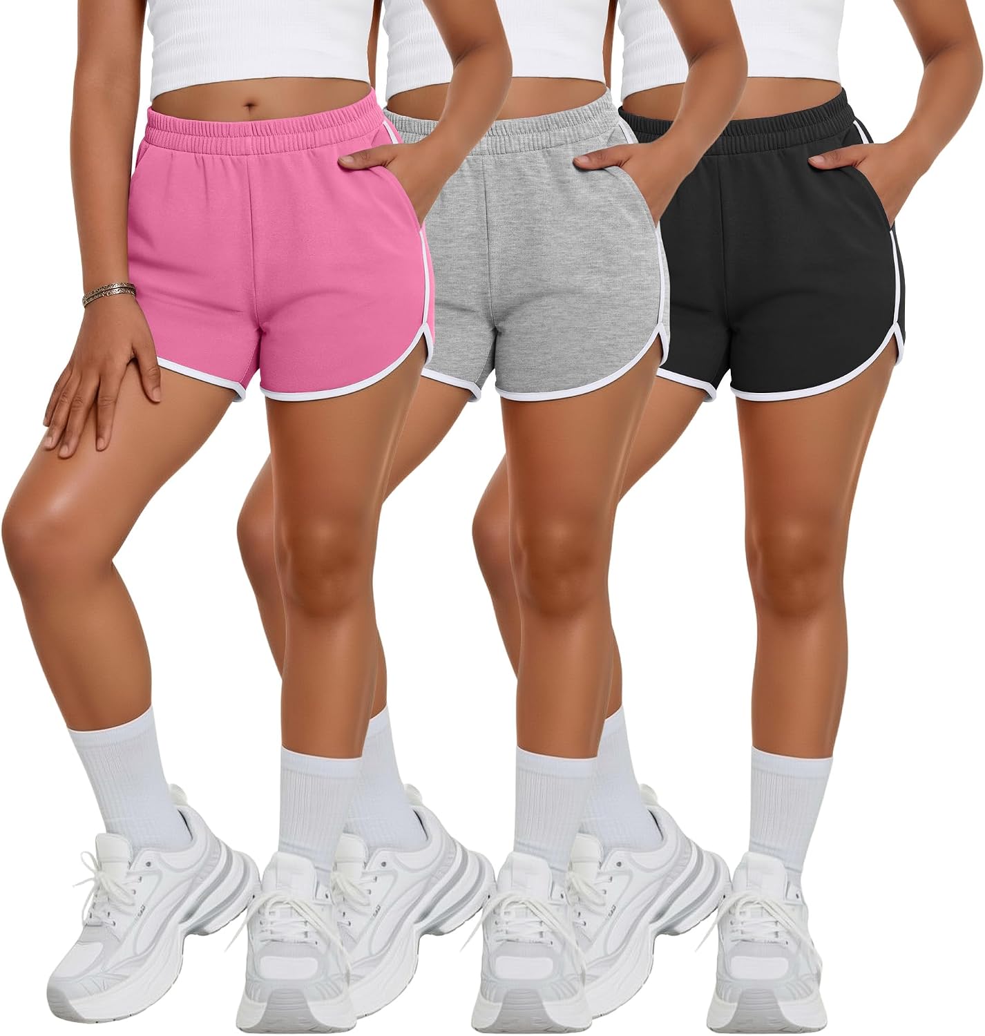 3 Pack Girls Athletic Dolphin Shorts Kids Elastic Waist Summer Running Active Lightweight Shorts with Pockets 5-16 Y