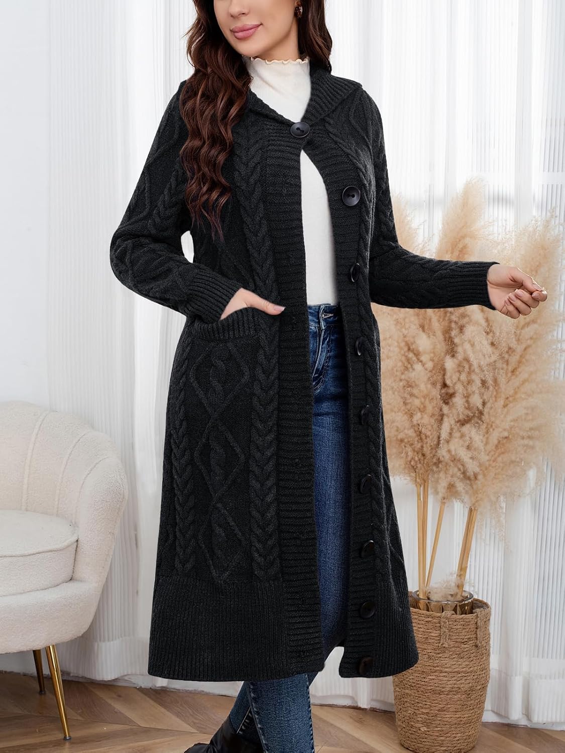 ebossy Women's Long Sleeve Hooded Cardigan Chunky Cable Knit Plus Size Over Knee Duster Coat with Pockets - Image 5