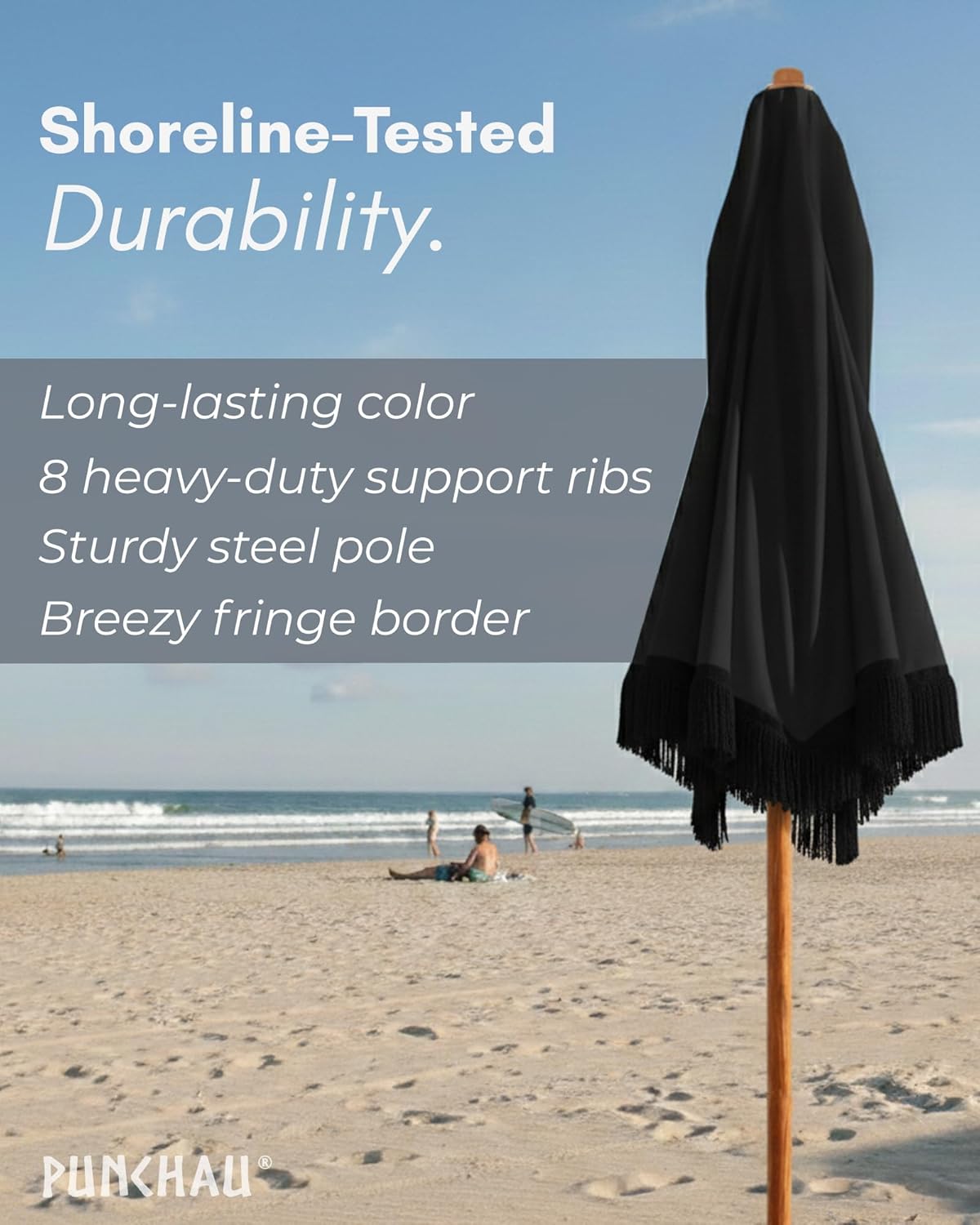 6 Ft Fringe Patio Umbrella - Outdoor Umbrellas for Patio, Pool, Table, Garden, Deck, Beach, and Outdoors - Fashionable Boho Vintage Tassels & Wood Print - Push Button Tilt Pole