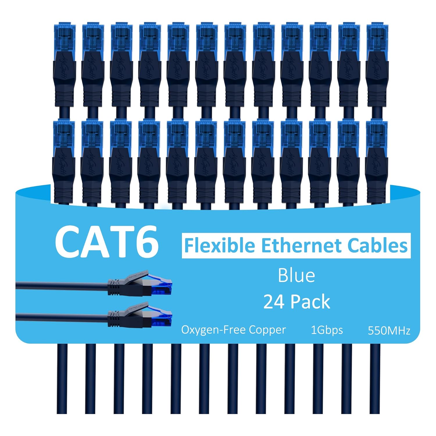 Cat6 Ethernet Cable 6 FT (24-Pack), Snagless Cat 6 Patch Cable, Upgraded Flexible PVC Jacket, Multi-Pack, OFC, 1Gbps, Cat6 Internet Network Cables, UTP, PC, Router, Servers, IT Data Center, Blue