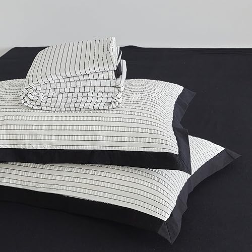 Miniatura 7 de SUSYBAO Juego de funda de edredón moderna a rayas tamaño Queen, 100% algodón, diseño de rayas onduladas, juego de 3 piezas, 1 funda de edredón con