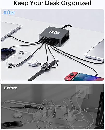 Miniatura 8 de Estación de carga USB C, estación de carga rápida GaN III de 7 puertos de 140 W, estación de carga USB PD 3.0 para múltiples dispositivos,