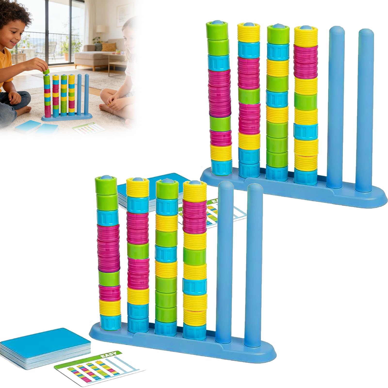 Colour Stack Challenge Game, Colour Matching Stacking Puzzle with Rings, Rack and Challenge Cards, Fast Reaction Tabletop Game for 2 Players, Travel Brain Teaser Game for Kids and Adults (2 Set)