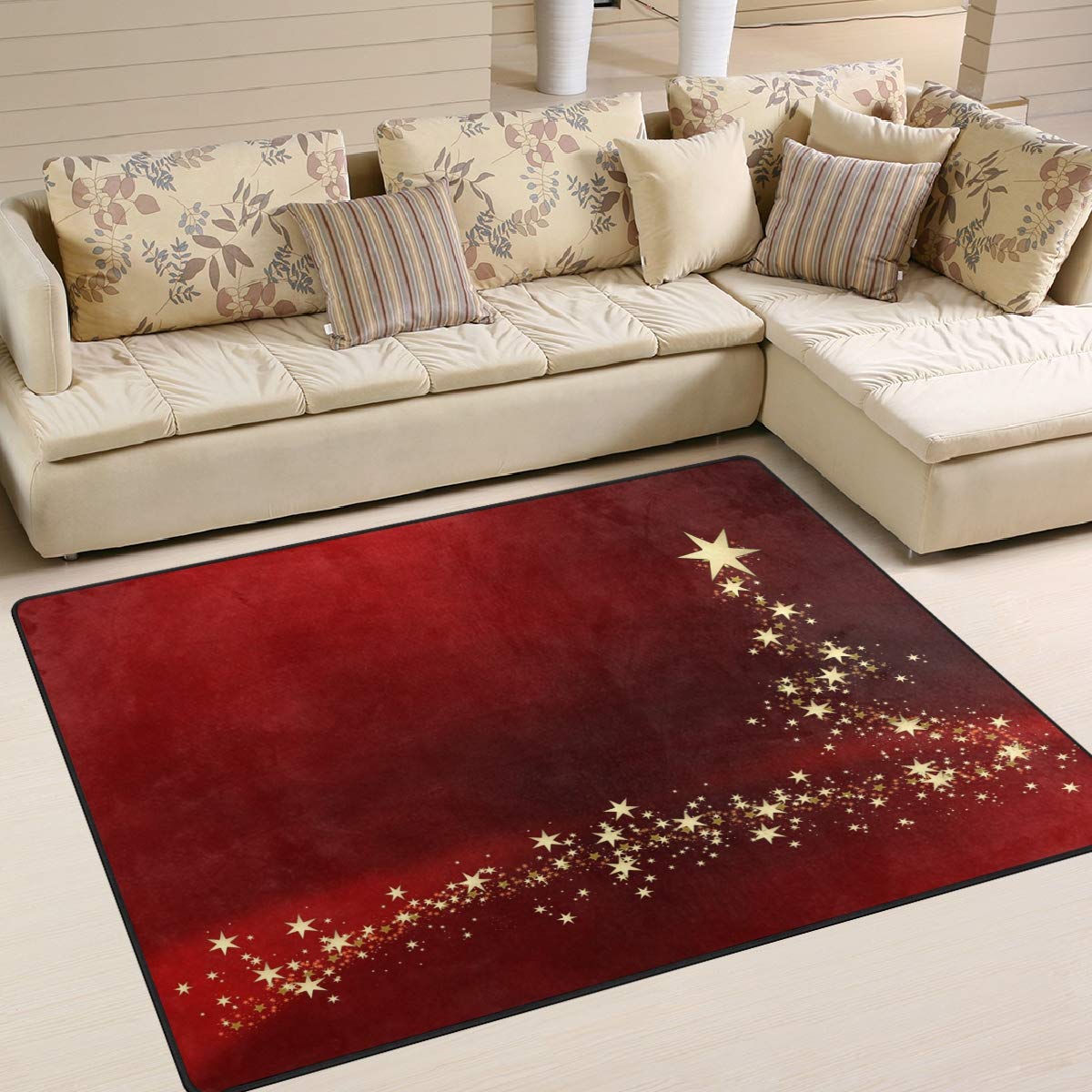 Weihnachts-Teppich mit goldfarbenen Sternen, f¨¹r Wohnzimmer, Schlafzimmer, Textil, Mehrfarbig, 203cm x 147.3cm(7 x 5 feet)