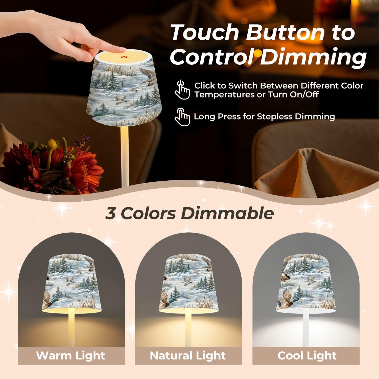 Mahjong Cordless Table Lamp Watercolor Ducks Scenic Nature Landscape Trees Grass LED Desk Lamps Rechargeable 3 Color Dimming Outdoor for Mah Jong Table Nightstand Living Room Gift image 4