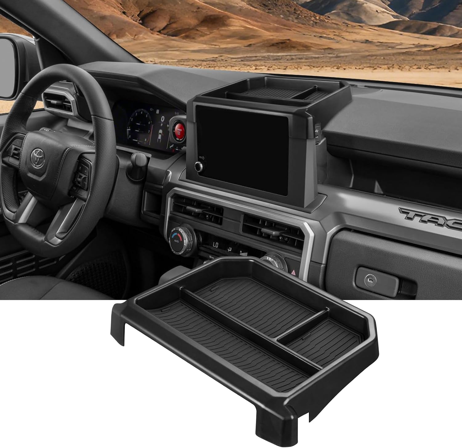 Ecarzo Dashboard Storage Box for Toyota Tacoma 2024 2025 2026, 8-Inch Screen Rear Tray Organizer, ABS Dashboard Storage Tray with Anti-Slip Liner, Center Console Accessory for Daily Essentials