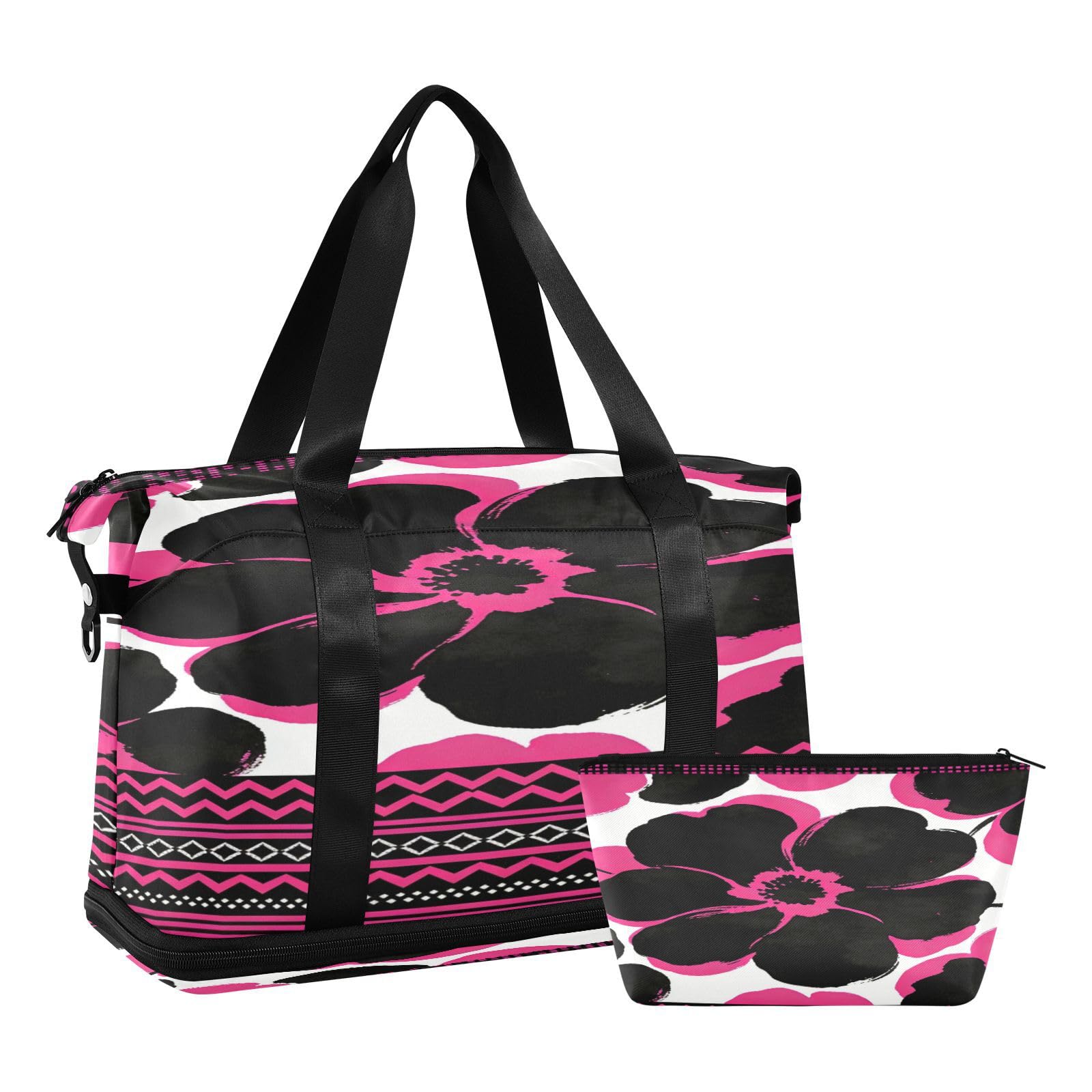 Reisetaschen mit schwarzem und rosa Blumenmuster, 2-teiliges Set, Reisetasche, Handgepäcktasche mit verstellbarem Gurt, für Geschäftsreisen