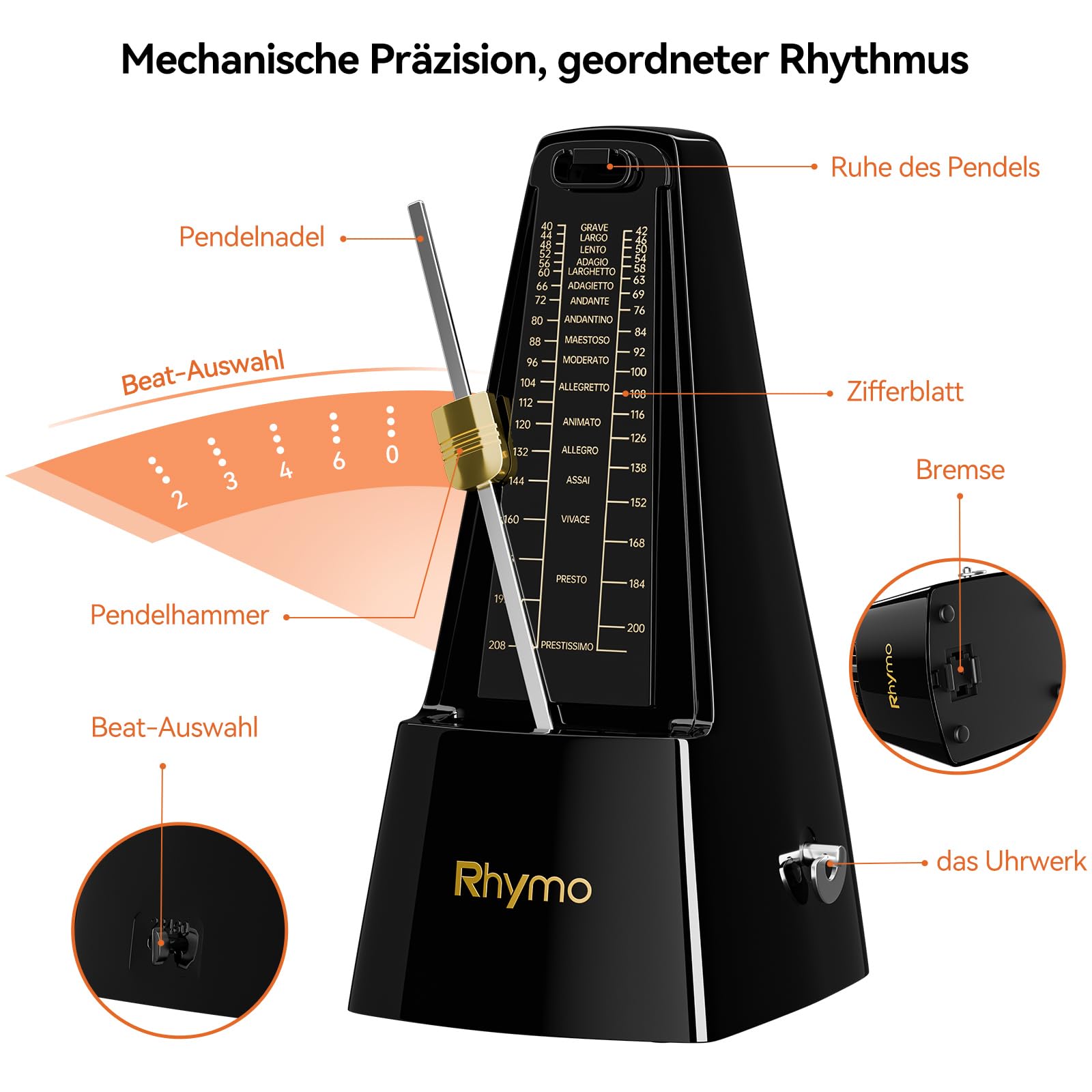 Rhymo Metronom Mechanisch mit Glocke, Aufgerüstetes Uhrwerk, 40-208 BPM, 4 Genaue Taktarten (2/4, 3/4, 4/4, 6/8) für Klavier, Gitarre & Schlagzeug (Schwarz)